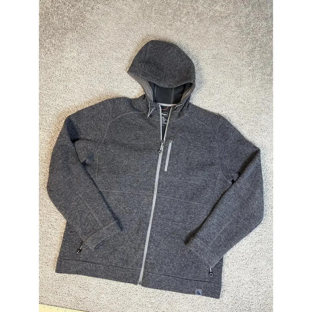 L.L. Bean Sweater Jacket Mens L Gray Hooded Full Zip Polyester Wool Blend